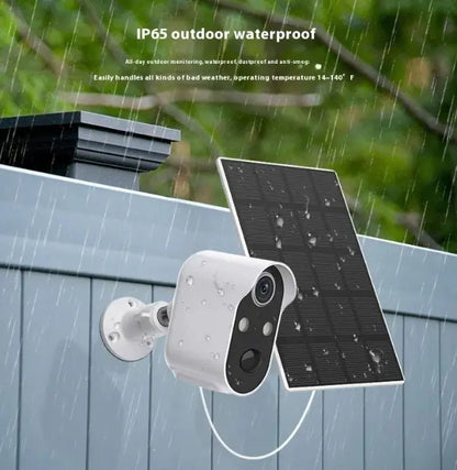EcoSmart Solar Surveillance Camera with IP65 waterproof design and solar panel for outdoor use.