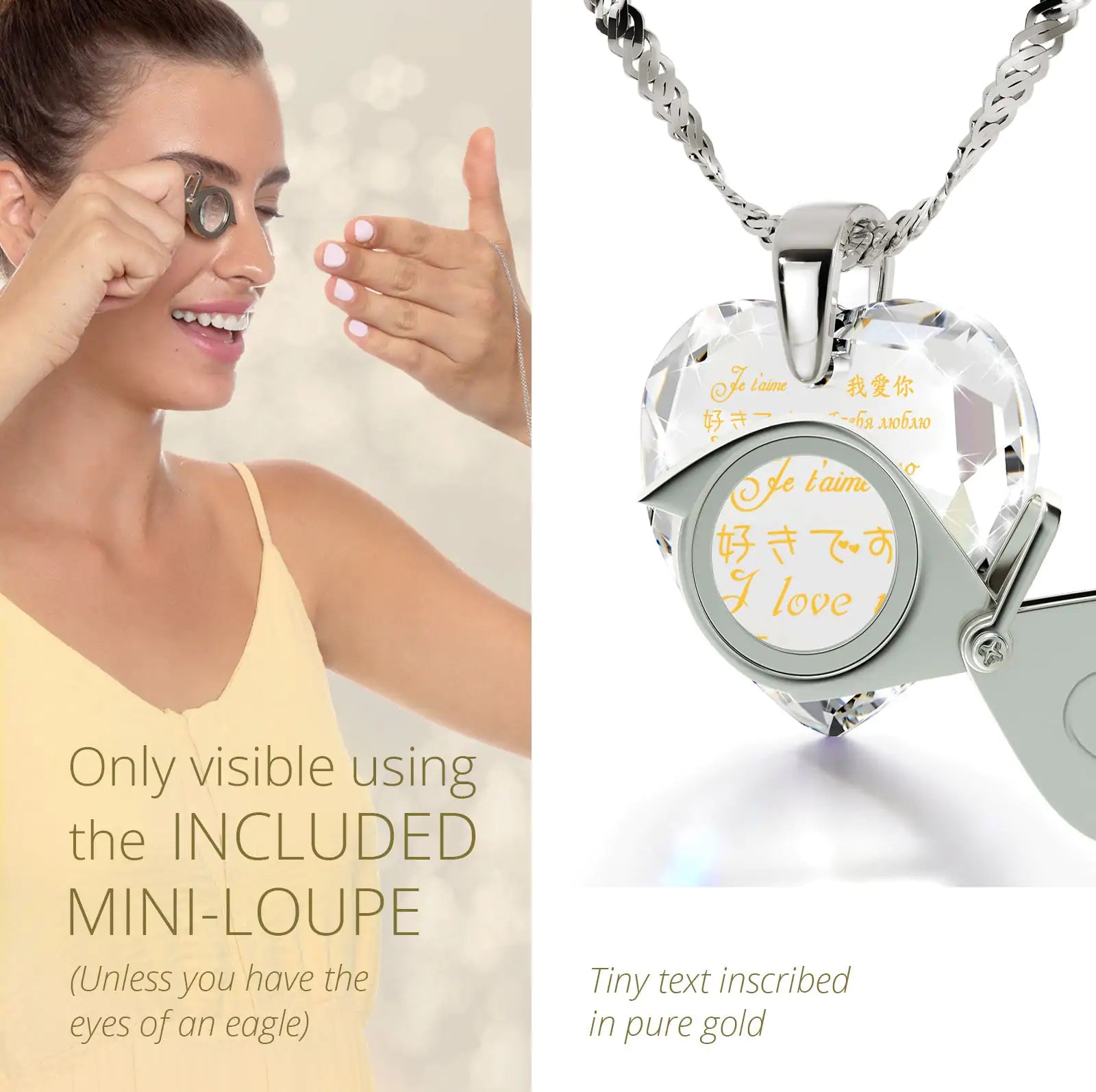 Multilingual Love Necklace and Crystal Heart Earrings Set