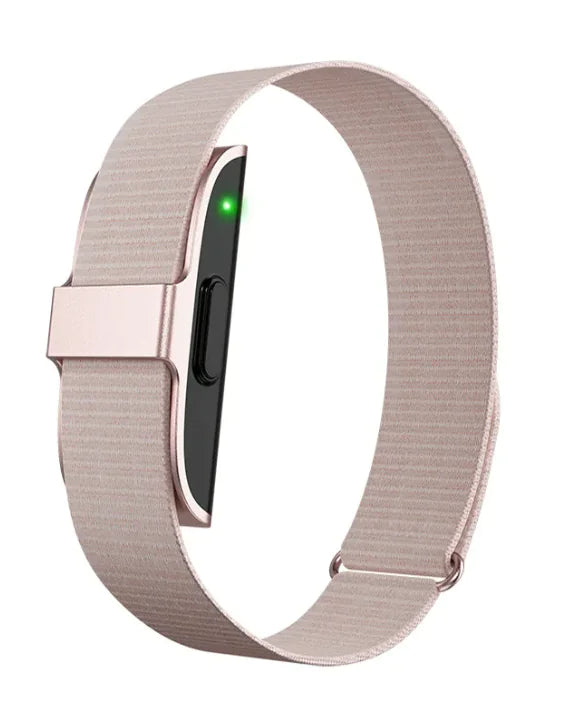 Smart Health Companion Bracelet showing a stylish fitness tracker in pink, designed for wellness monitoring and connectivity.