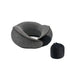 Gray travel neck pillow with a black drawstring bag on a white background
