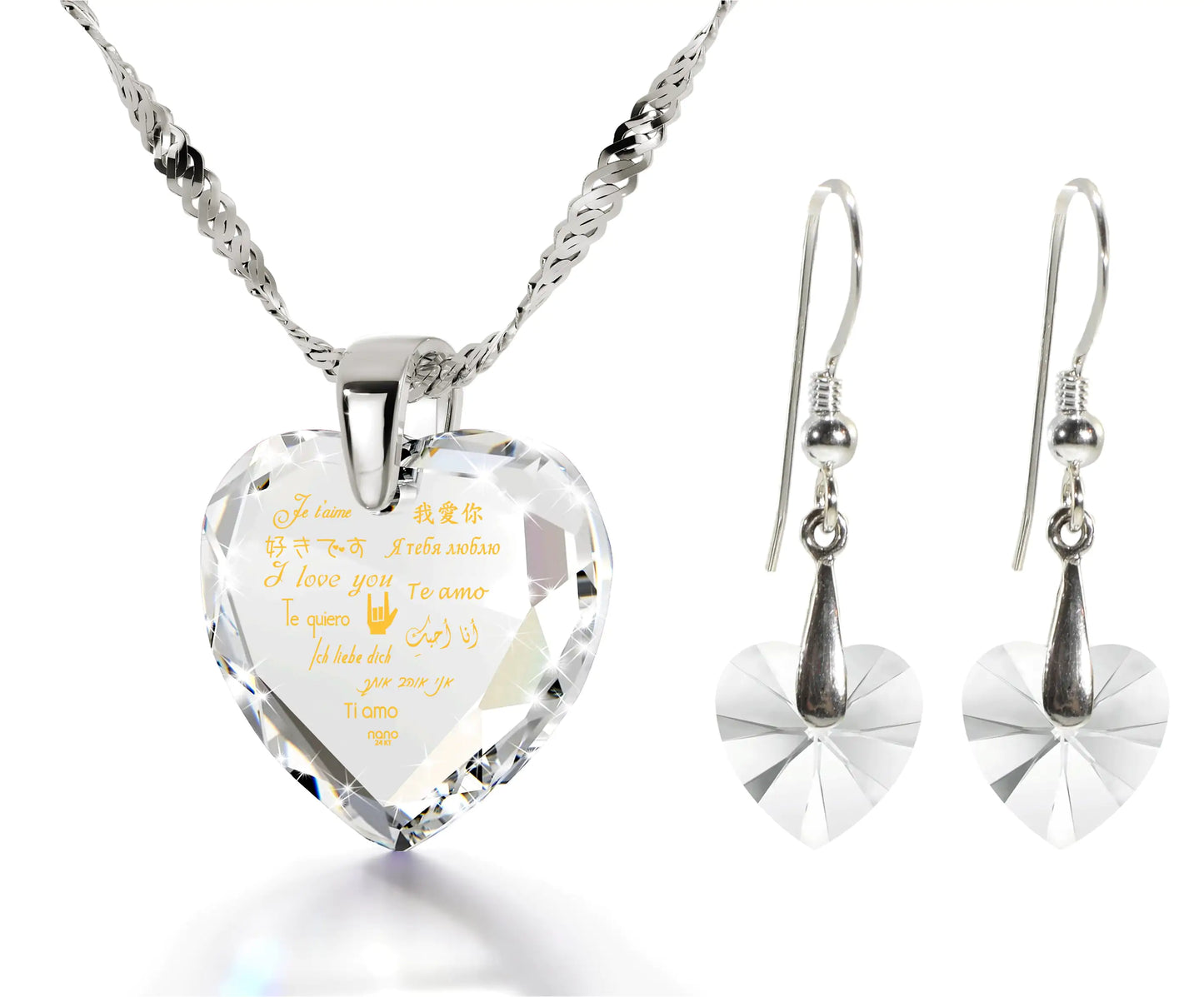 Multilingual Love Necklace and Crystal Heart Earrings Set
