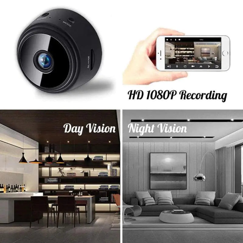SmartView Mini WiFi Camera showcasing HD 1080P recording features with day and night vision capabilities.