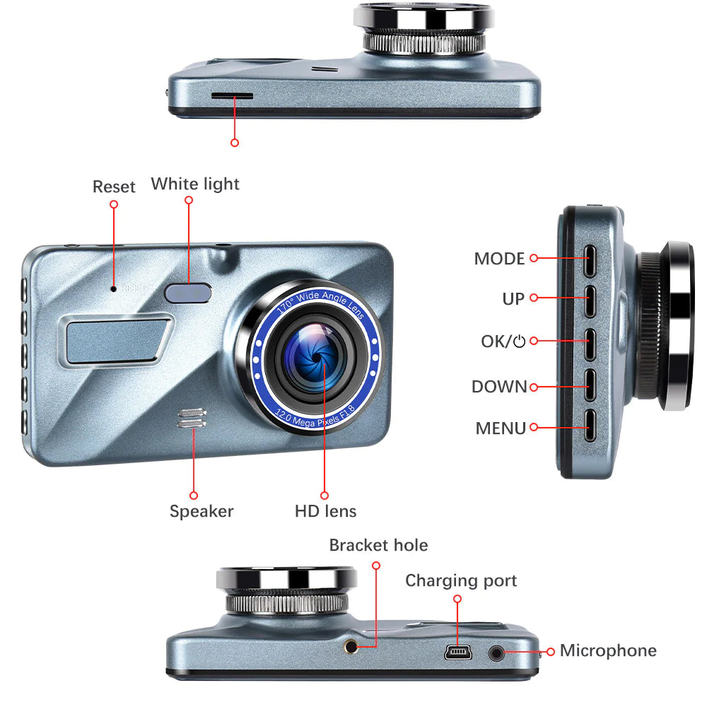 Full HD 1080P Dual Lens Car Dash Cam with 4" Screen and Night Vision
