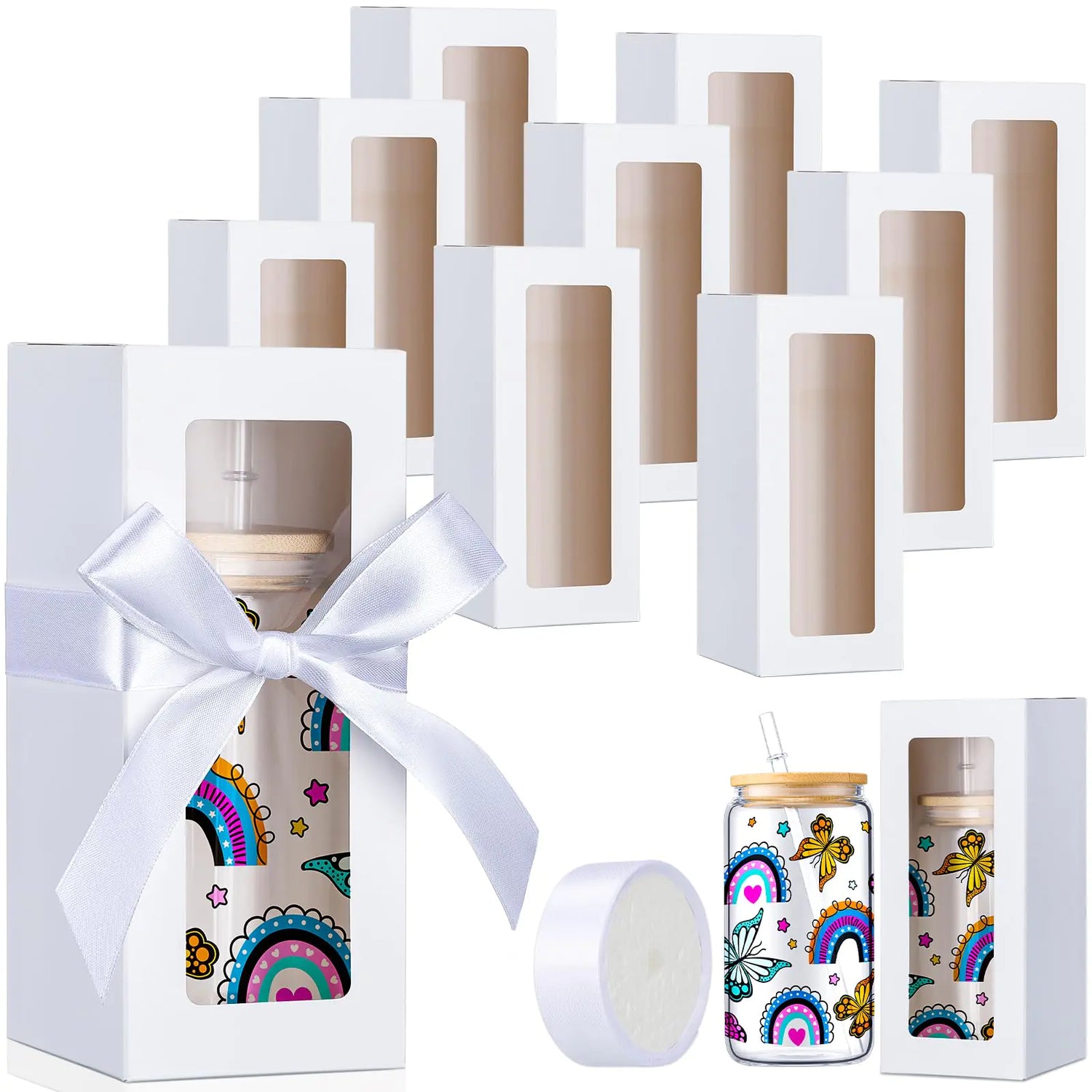 FillTouch 60 Pcs Gift Boxes with Ribbon for Sublimation Glass Exhibition Boxes Transparent Gift Box for 12oz 16oz 20oz Drinking Glasses Jar Sublimation Glass Can Blank Tumbler Gift Box (White)