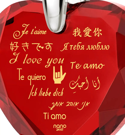 Multilingual Love Necklace and Crystal Heart Earrings Set