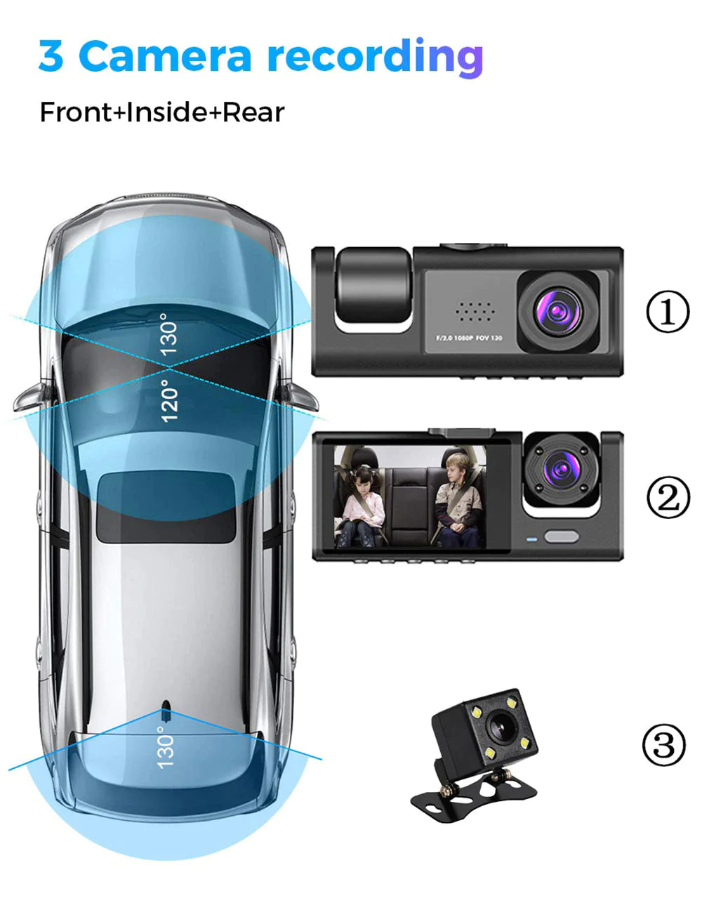 HD Triple View Dash Cam with G-Sensor