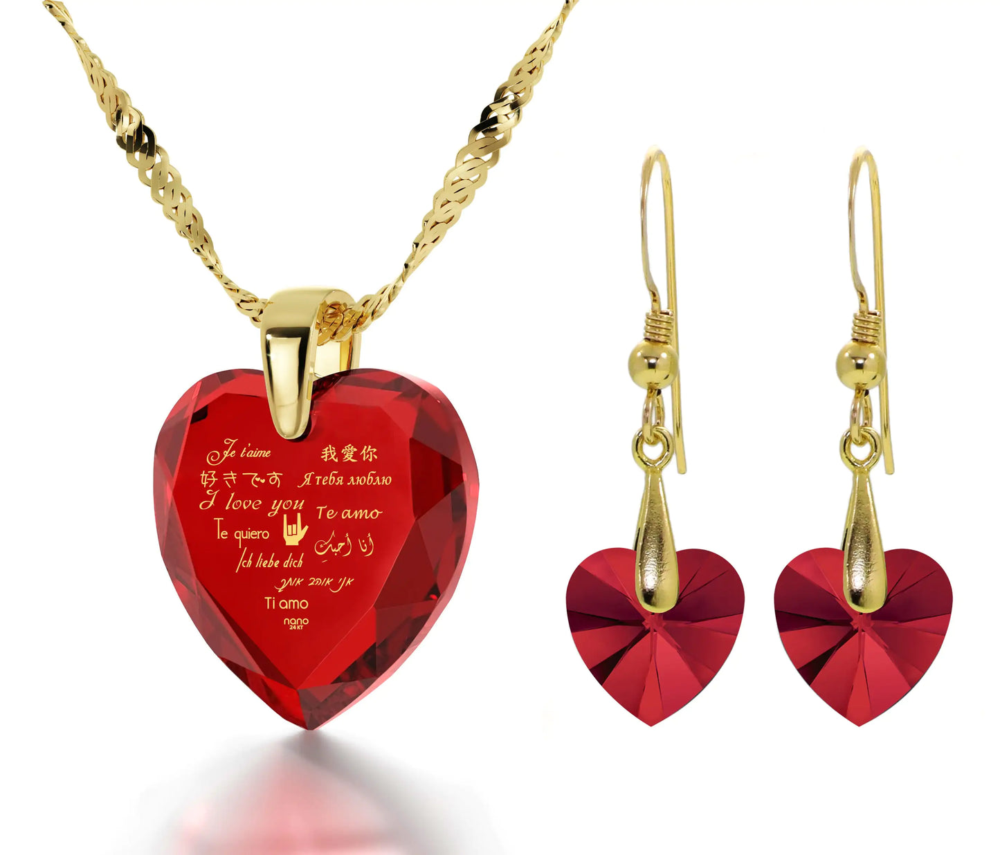 Multilingual Love Heart Necklace and Crystal Earrings Set