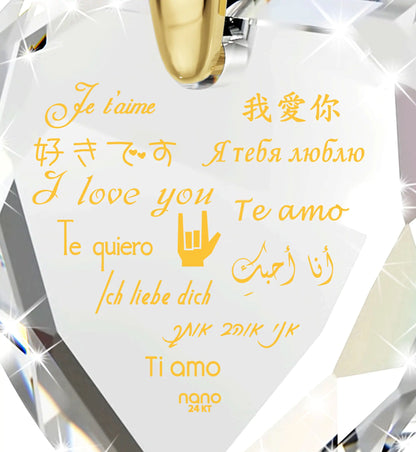 Multilingual Love Heart Necklace and Crystal Earrings Set