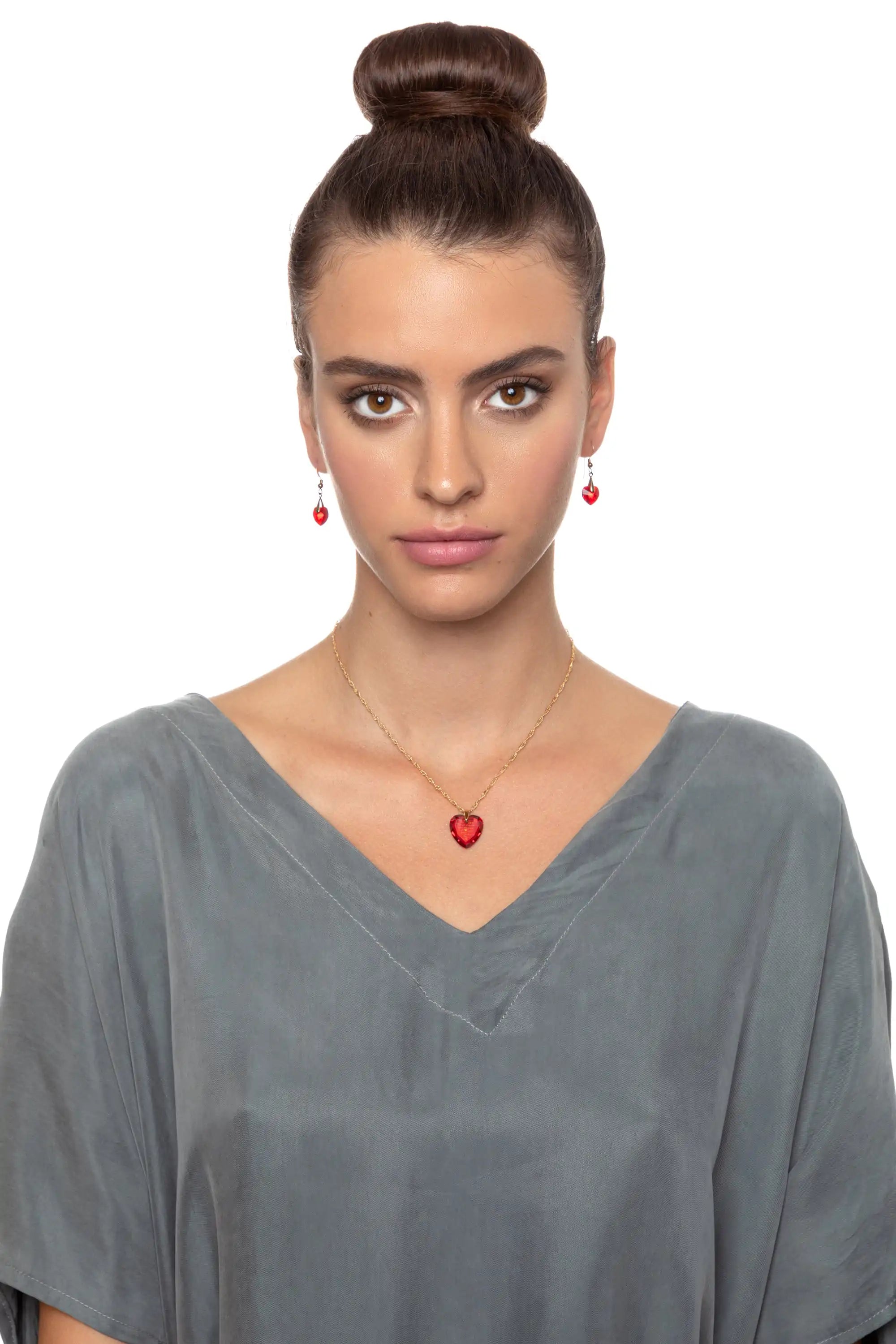 Multilingual Love Heart Necklace and Crystal Earrings Set