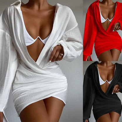 Chic Deep V-Neck Long Sleeve Mini Dress in white, red, and black, showcasing stylish deep neckline and comfortable fit.